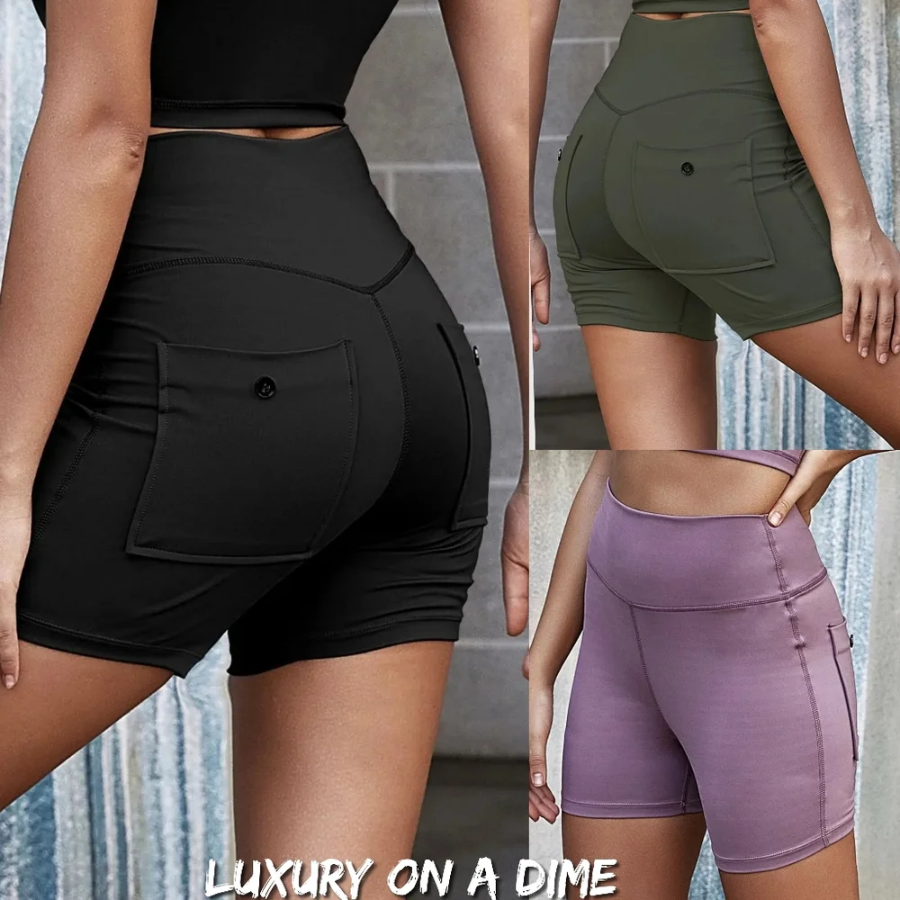 High Rise Wide Waistband Athletic Back Pocket Yoga Activewear Biker Shorts - Picture 10 of 10